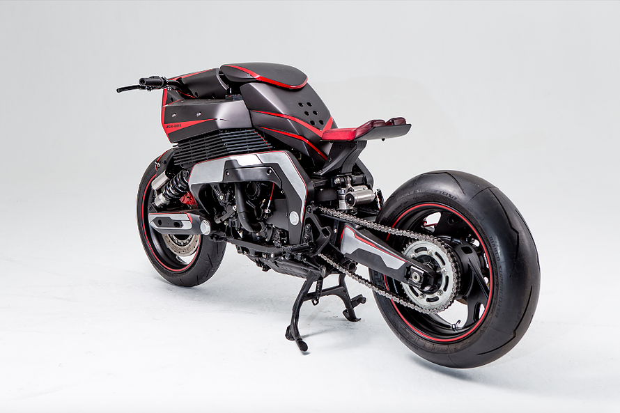 Project Rhodium Omega: rear wheel swinging free in the wind thanks to a barely-there seat unit