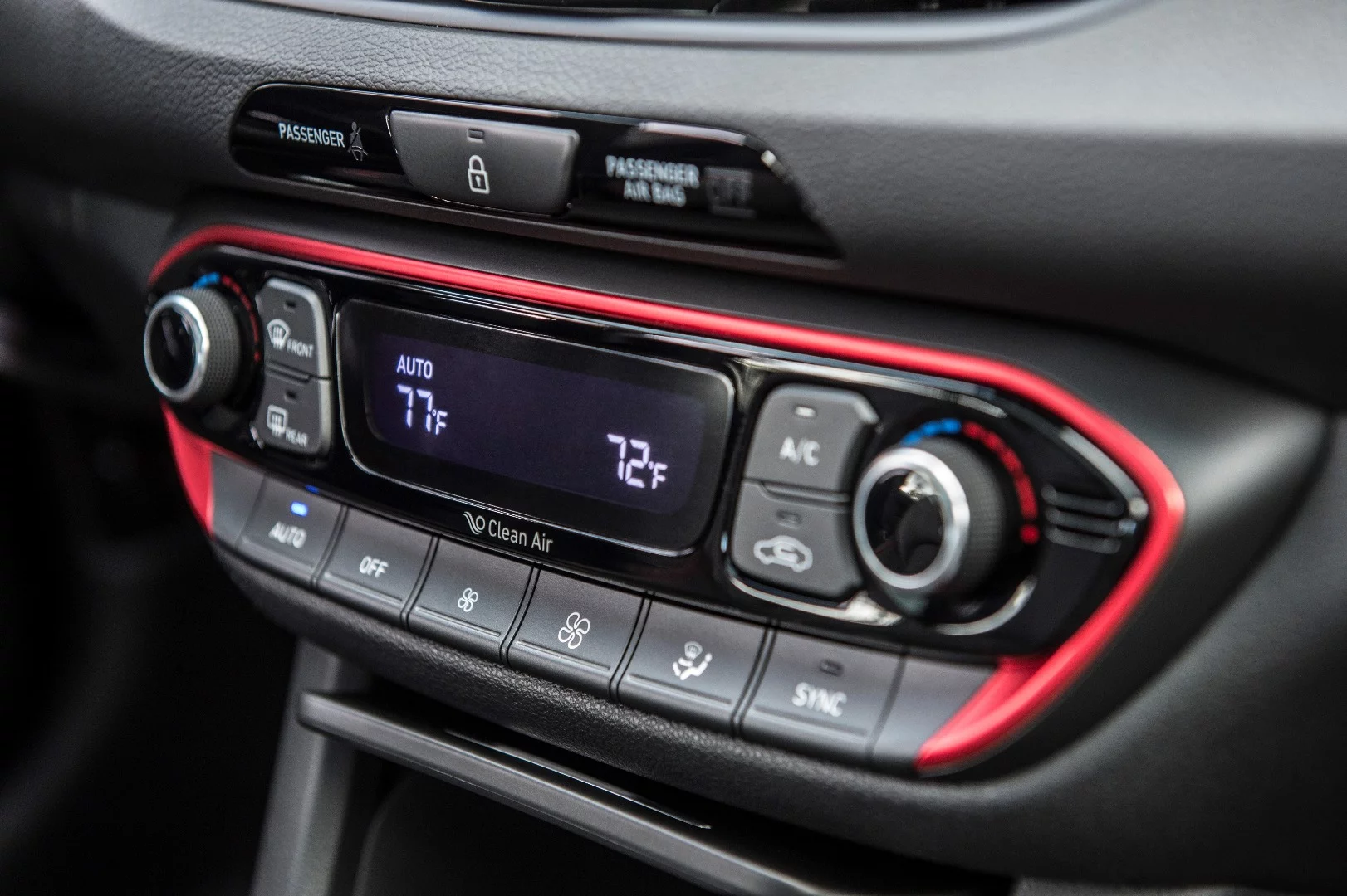Red detailing abounds in the cabin of the Elantra GT