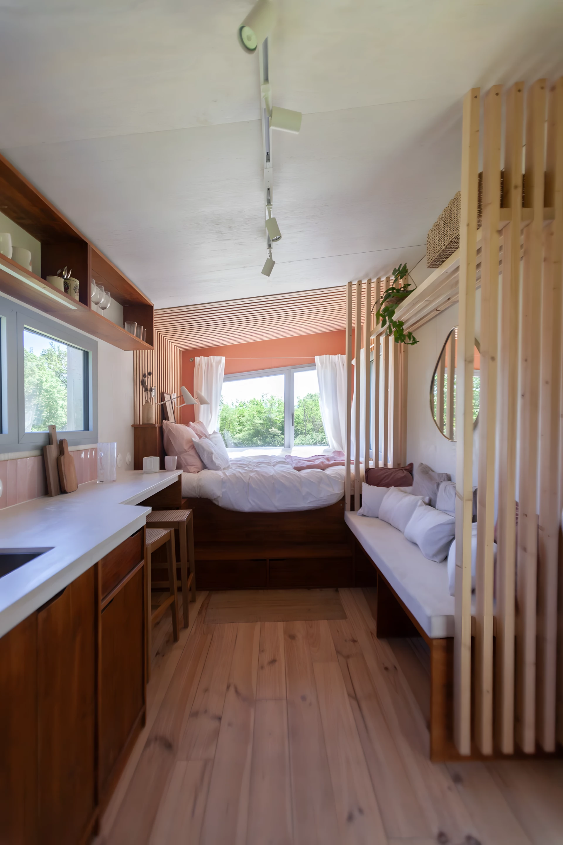 The Botanical Cabin's interior features an open layout, all on one level