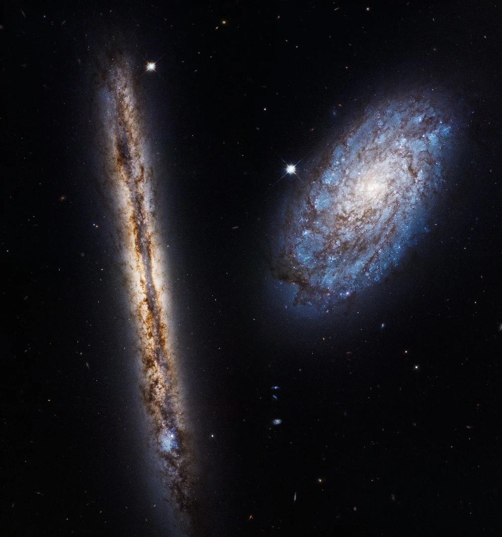 This stunning cosmic pairing of the two very different-looking spiral galaxies NGC 4302 (left) and NGC 4298 (right) was imaged by the NASA/ESA Hubble Space Telescope