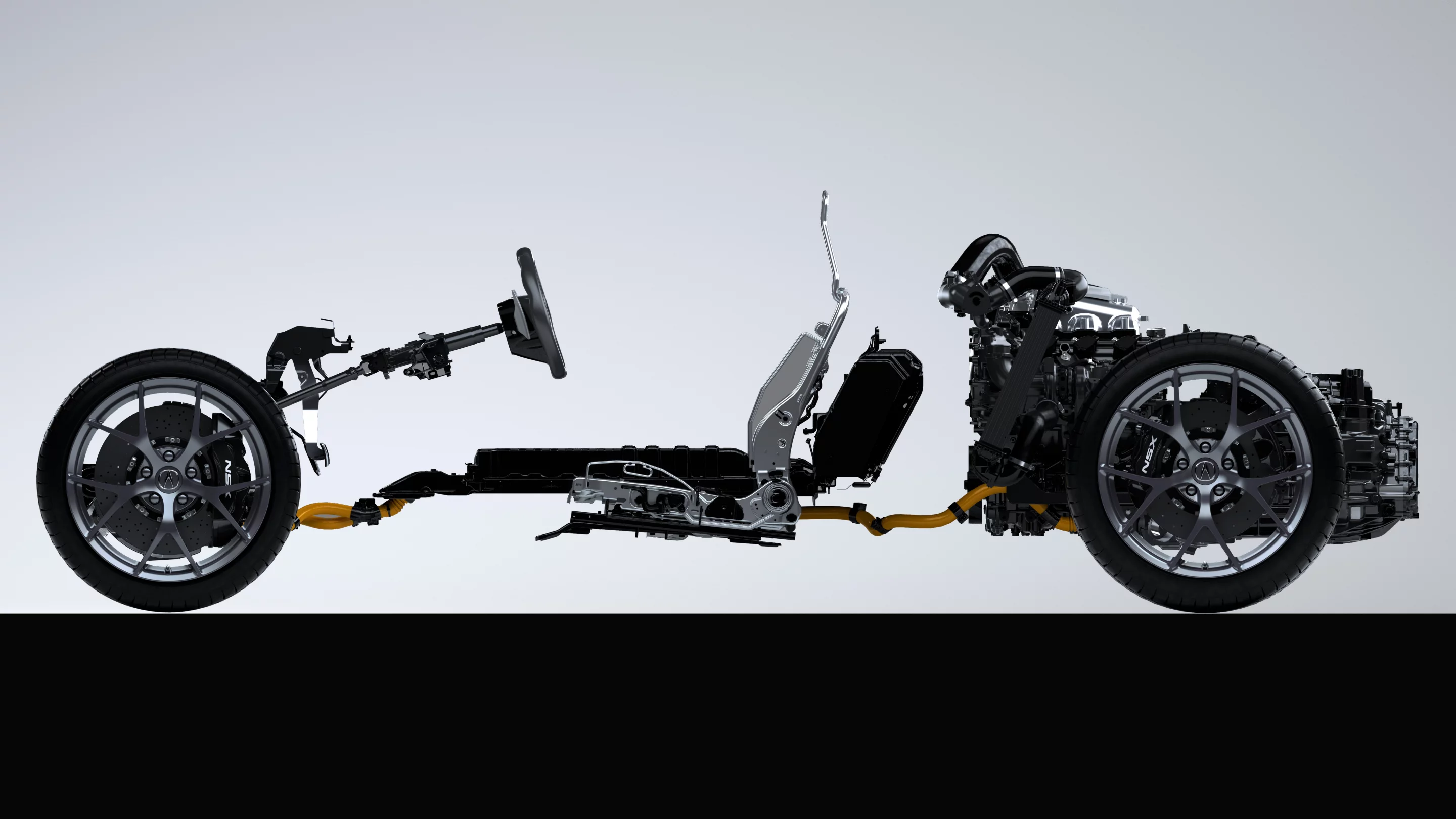 The V6 is mounted longitudinally, centrally and very low in the chassis in an attempt to get the centre of gravity as low as possible (Acura claims the NSX has the lowest center of gravity in its class), and the placement of all powertrain components has been designed to concentrate vehicle mass toward the center of the vehicle. The centre of gravity is just the average position of mass - the closer the mass to that centre of gravity, the better the vehicle's response.