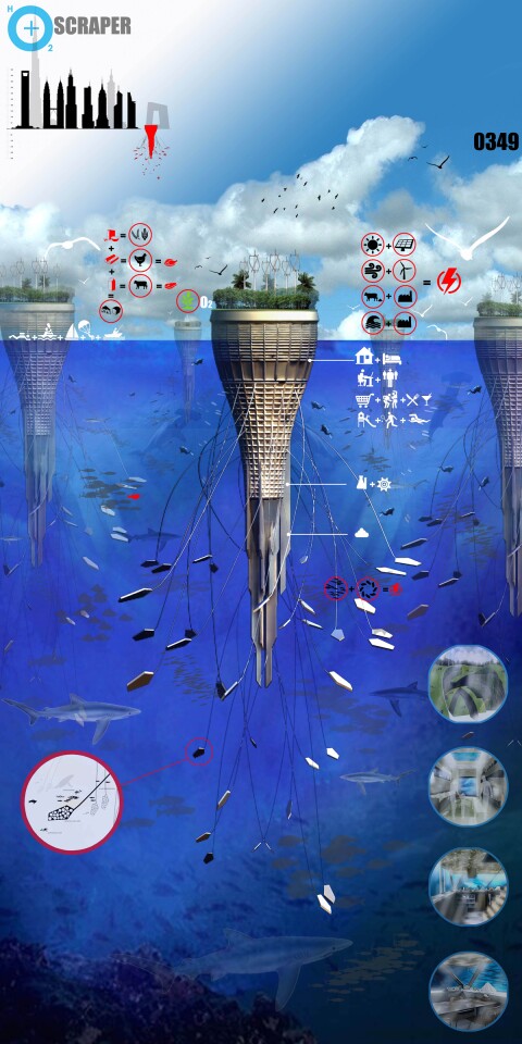 The h2O scraper is a conceptual multi-dwelling building that would float with its top level on the surface of the sea, and the rest dangling down into the water below