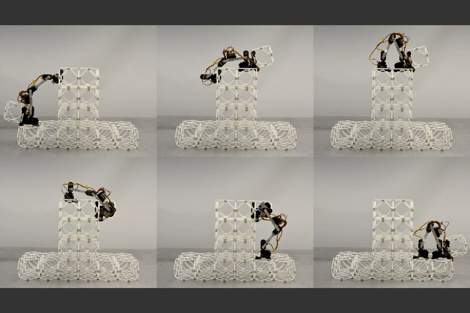 An Assembler Robot picks a new block – called a voxel – and climbs over a structure to place and secure