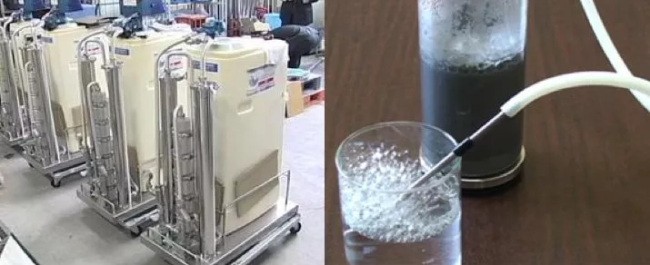 FUKAI's functional water generators (left) and a hydrogen-extraction demonstration (right)