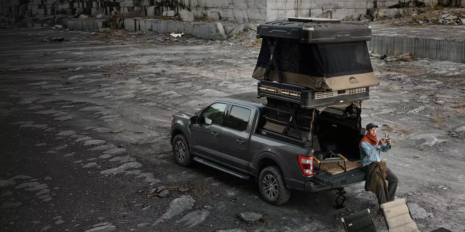 Use the pickup bed to carry cargo during the ride then as a lounge, dining area, drone launch platform, mobile office space or all of the above