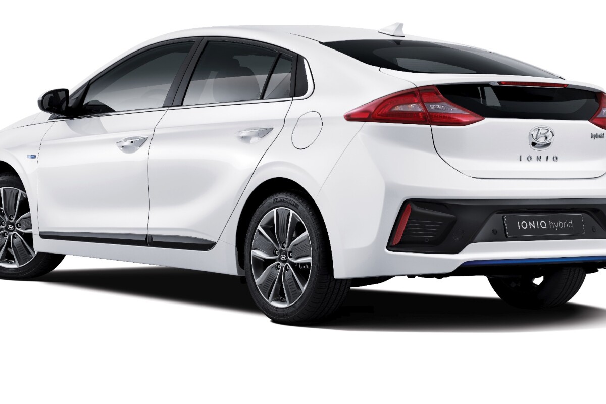 This angle from the rear quarter shows the Sonata-like styling of the Hyundai IONIQ