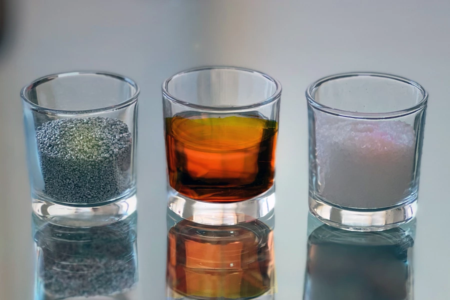 The three main ingredients in the new battery, from left: aluminum, sulfur and salt