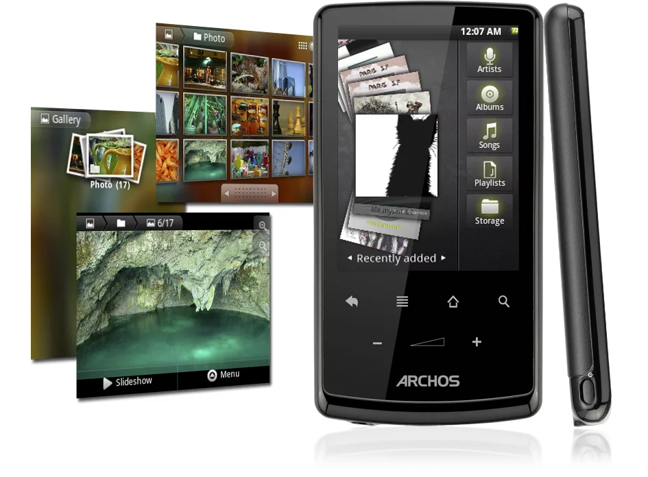 Like the other tablets shown here, the Archos 28 supports MP3, WMA, WAV, AAC, Ogg Vorbis and FLAC audio formats