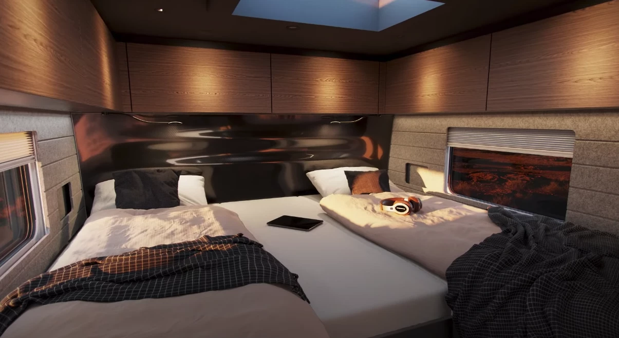 The smaller 7-m floor plan has two longitudinal beds that combine into a double, while the longer 7.3-m variant expands the bedroom out with an island queen