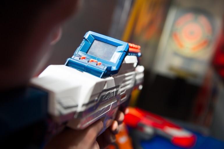 A camera and screen on the N-Strike Elite Nerf Cam ECS-12 Blaster can be used as a sight and to records your Nerf assaults