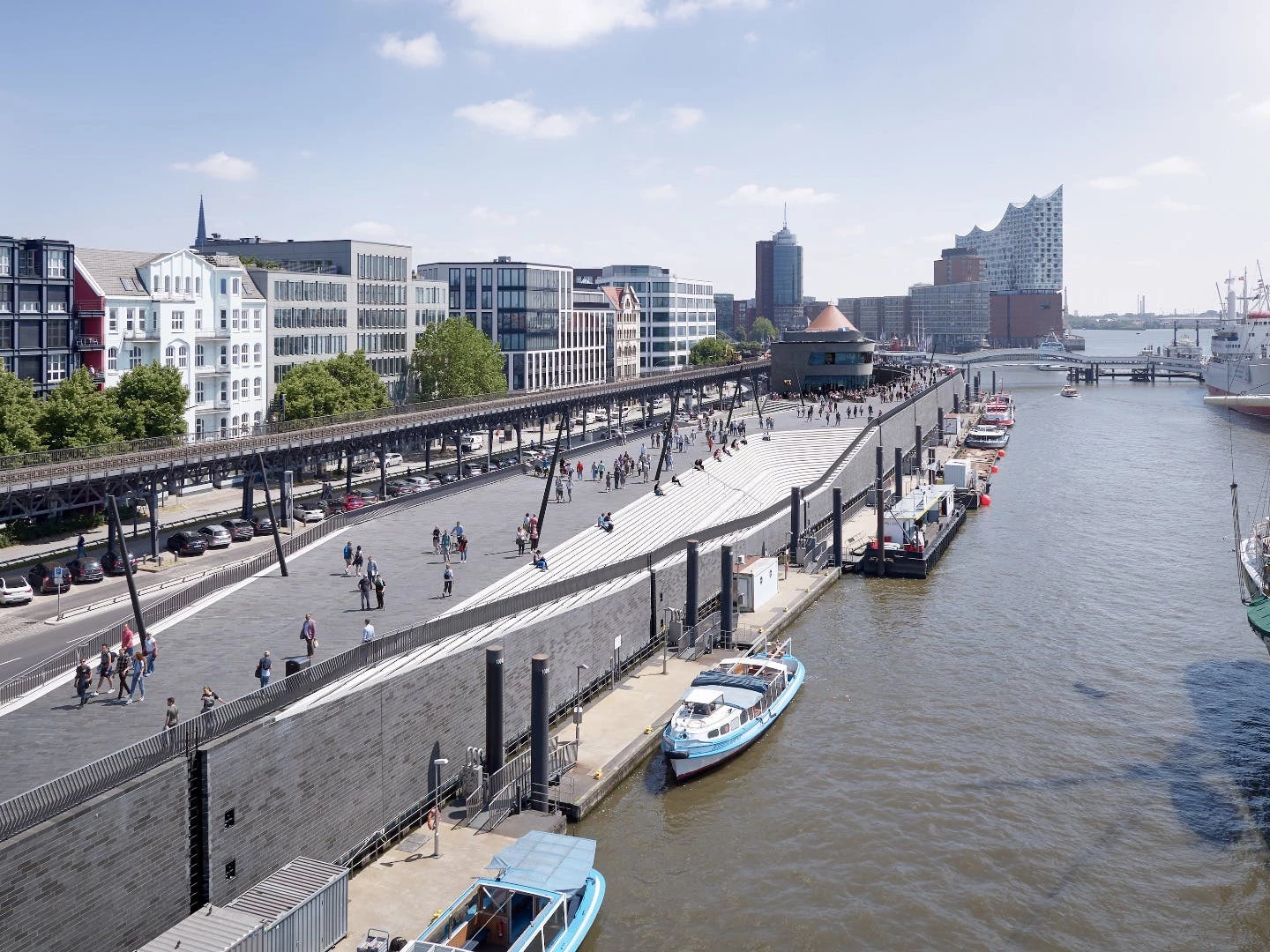 The Niederhafen River Promenade project allows pedestrians to gaze upon passing shipping
