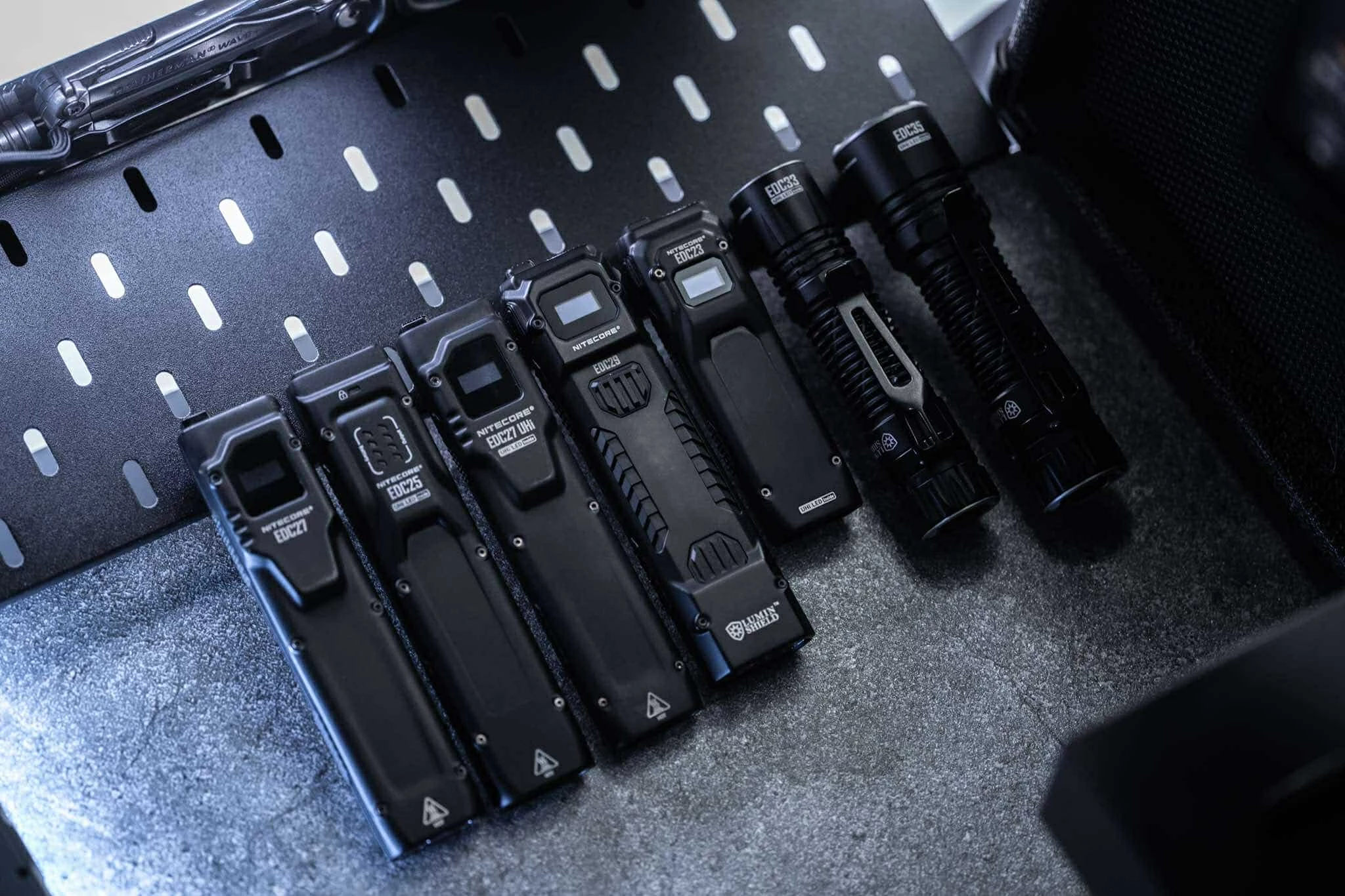 The EDC lineup is mostly slim, flat torches but also includes a few conventional cylindrical models