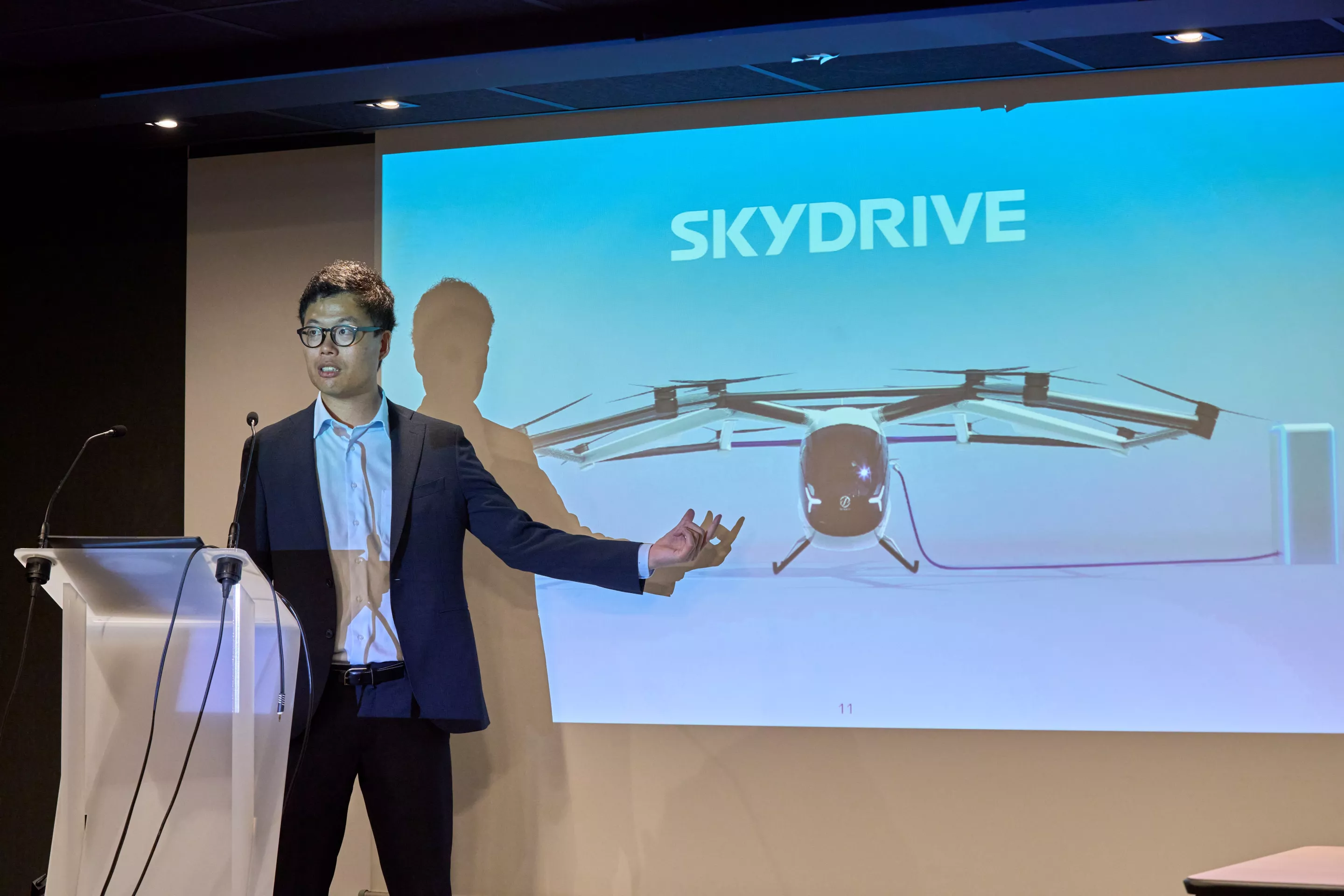 SkyDrive CEO Tomohiro Fukuzawa introduces the new three-seat eVTOL at the Paris Air Show 2023