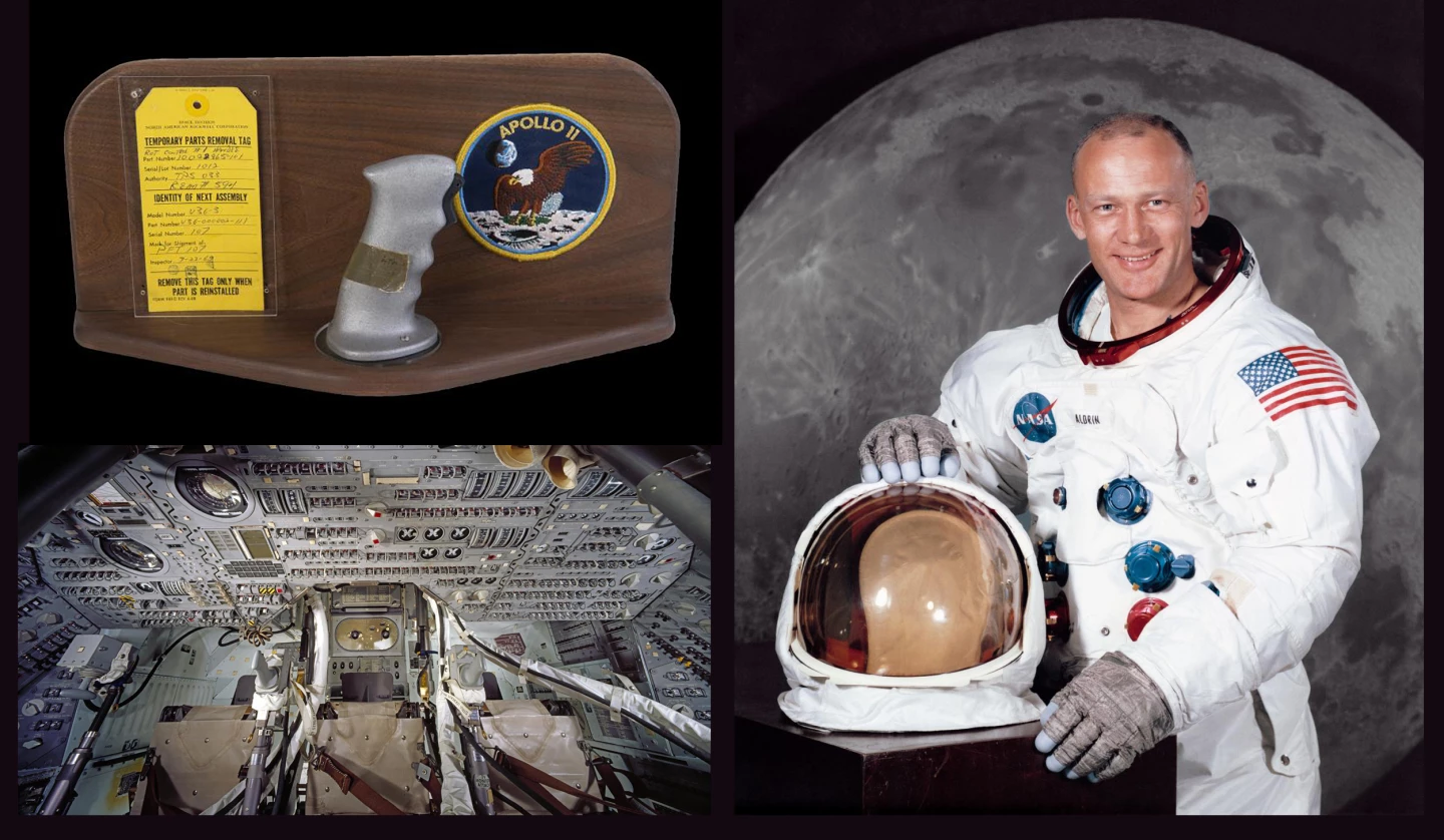 The original secondary rotational attitude control stick (aka rotation hand controller - ROT or RHC) from the Apollo 11 command module Columbia (CSM-107) in 1969. Used by Buzz Aldrin during the most famous of all space missions. Sold for $256,000 at Julien’s Auctions on July 17, 2020