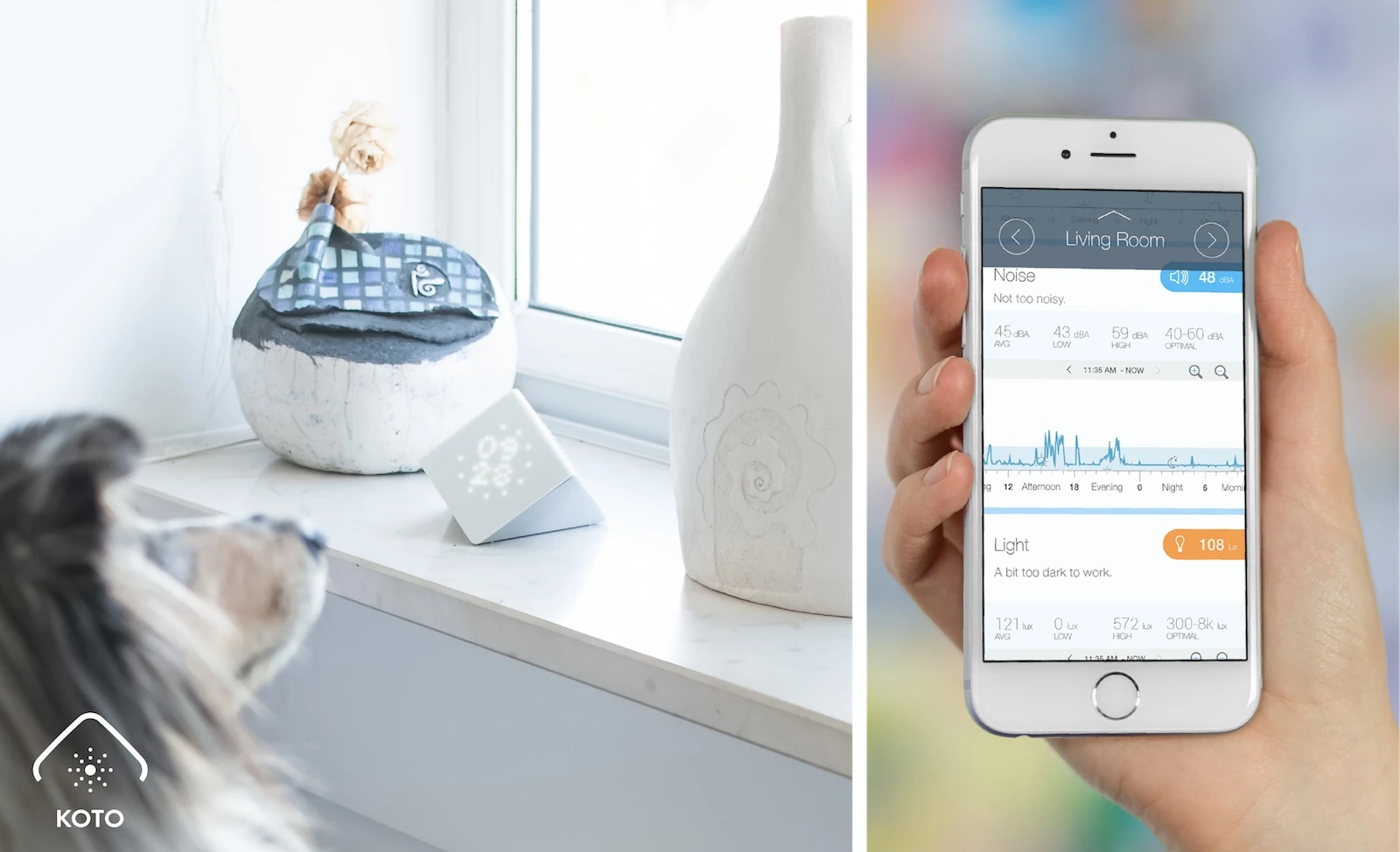 The companion app for the Koto smart sensors lets users check readings and get advice on how to make the room better for health, productivity or sleep