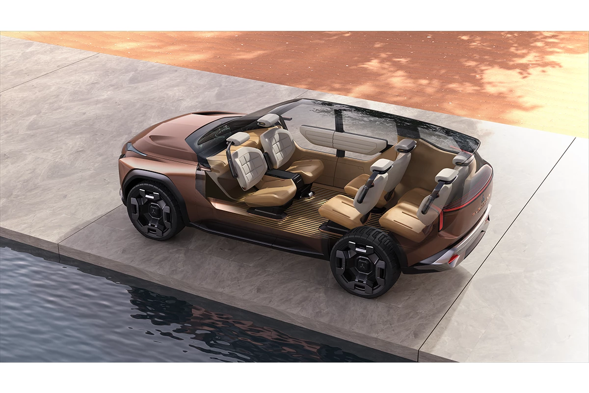 The Mitsubishi Elevance Concept has three rows and six seats, including RV-style front swivel seats. Also note the side windows that dip down below the character line with help from floating door panels