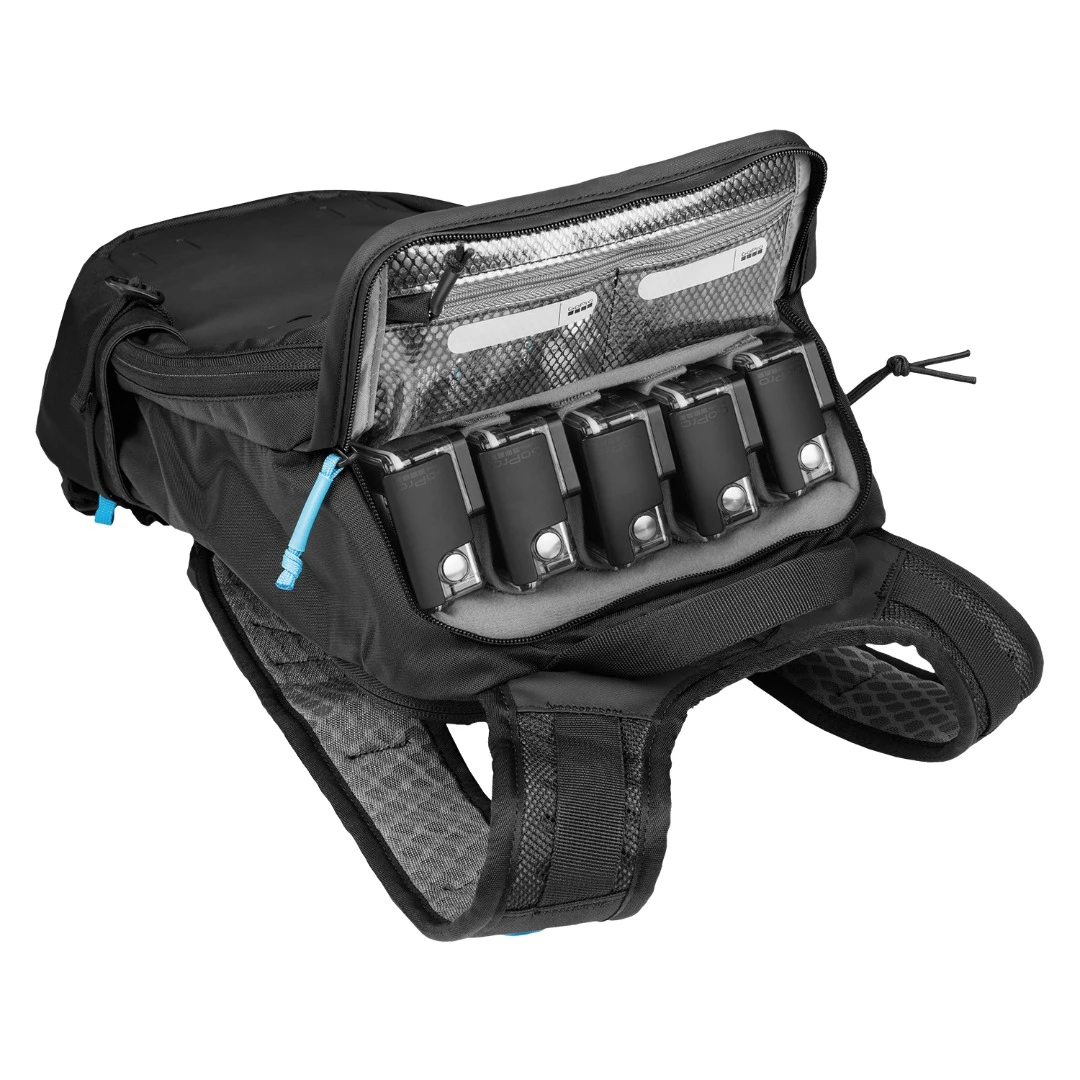 The five GoPros mounted in the backpack