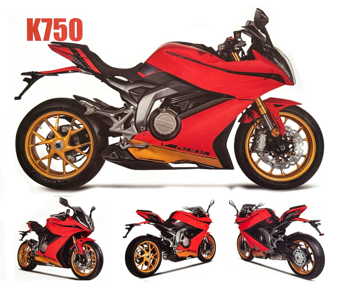 The Jedi 750 DOHC liquid-cooled, 730cc vertical twin, Curb weight 207 kg, 55 kW at 8200rpm,. Visually, it lacks for nothing.