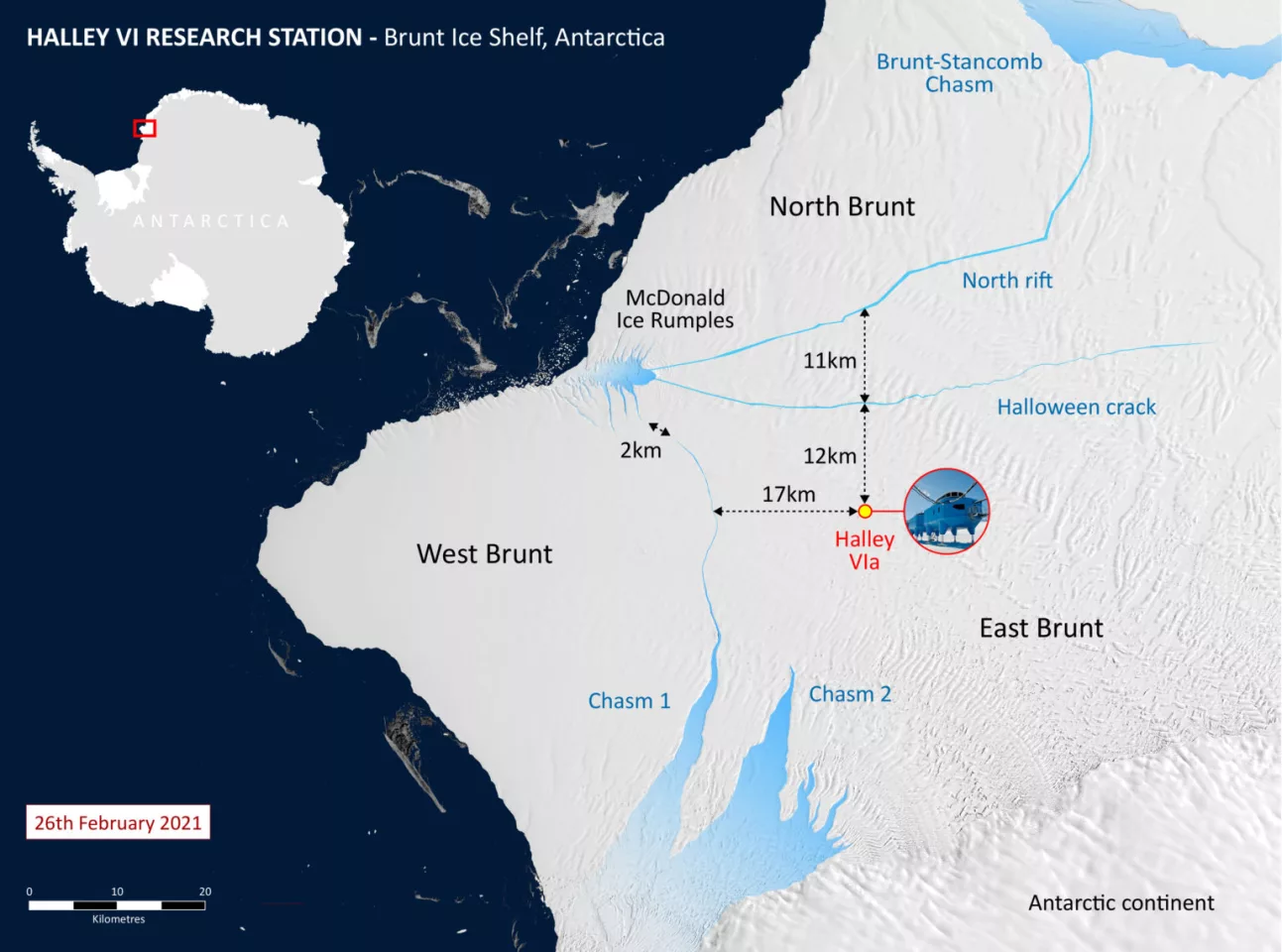 Map of the Brunt Ice Shelf showing the relocation of the Halley station