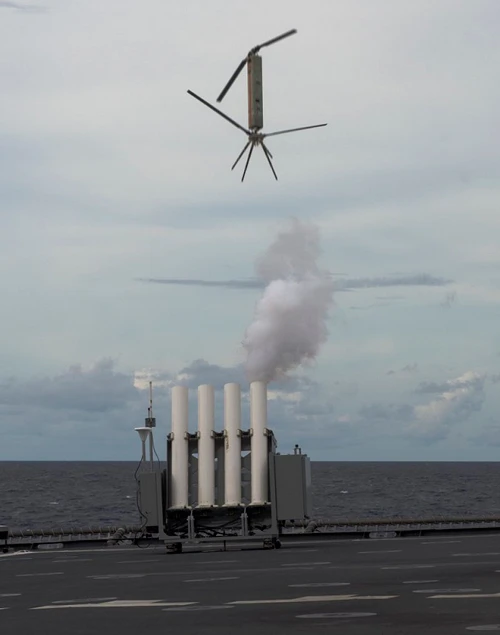During flight tests aboard the USS Coronado several Nomad UAVs demonstrated their ability to quickly launch and fly in formation