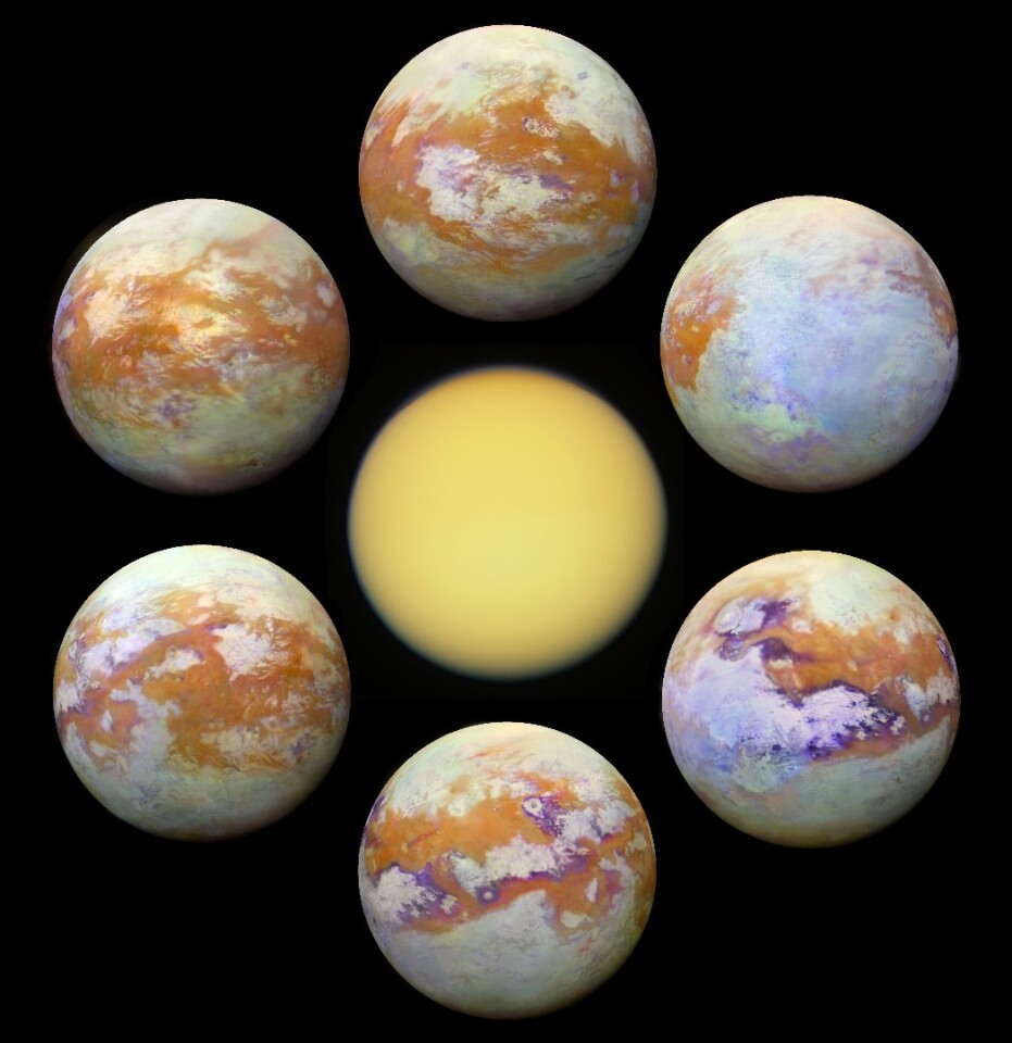 The six new infrared images are much clearer than Titan normally appears in the visible spectrum (center)