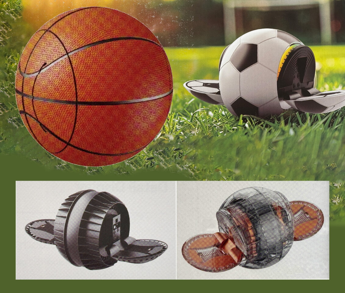 There are two models, each looking exactly like a basketball or a soccer ball, until you fold out the footrests and it turns into a bonsai self-balancing monocycle for people under 60 kg.