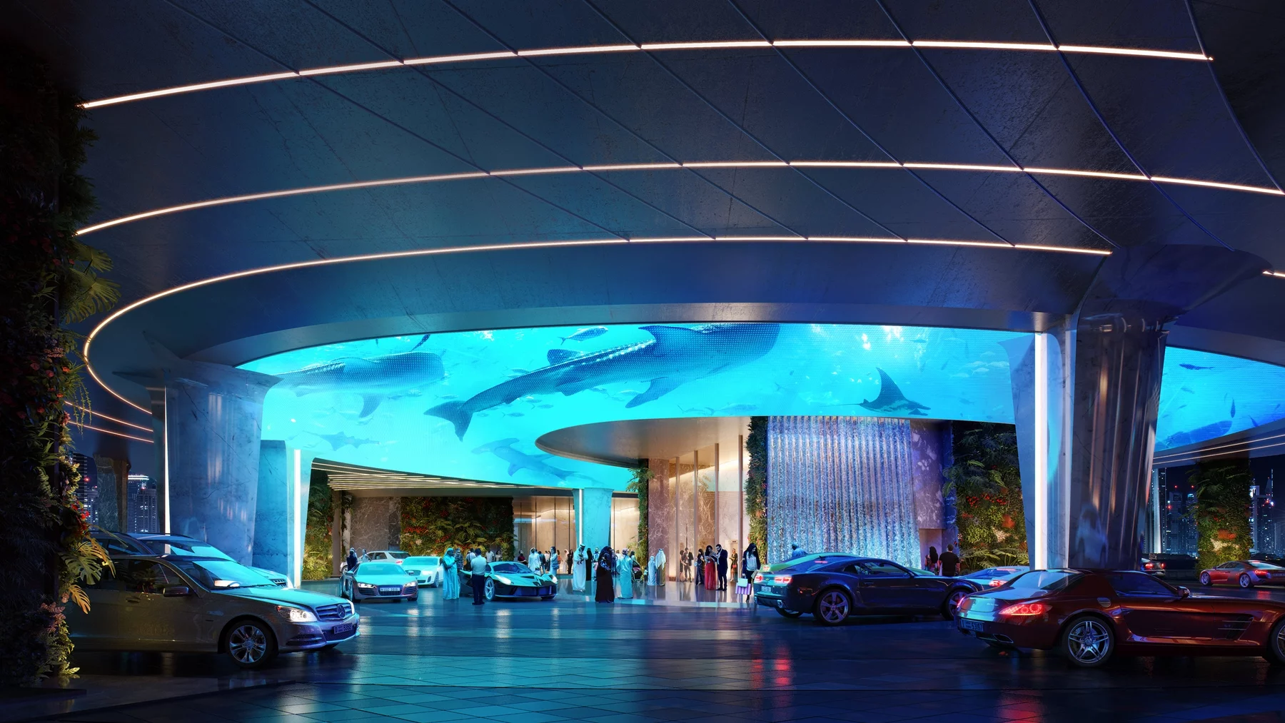The projections in the drop-off and arrival area will include visions of a lush rainforest and an underwater paradise