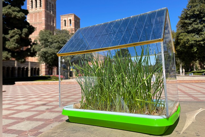 A model greenhouse containing a roof made of semi-transparent organic solar cells