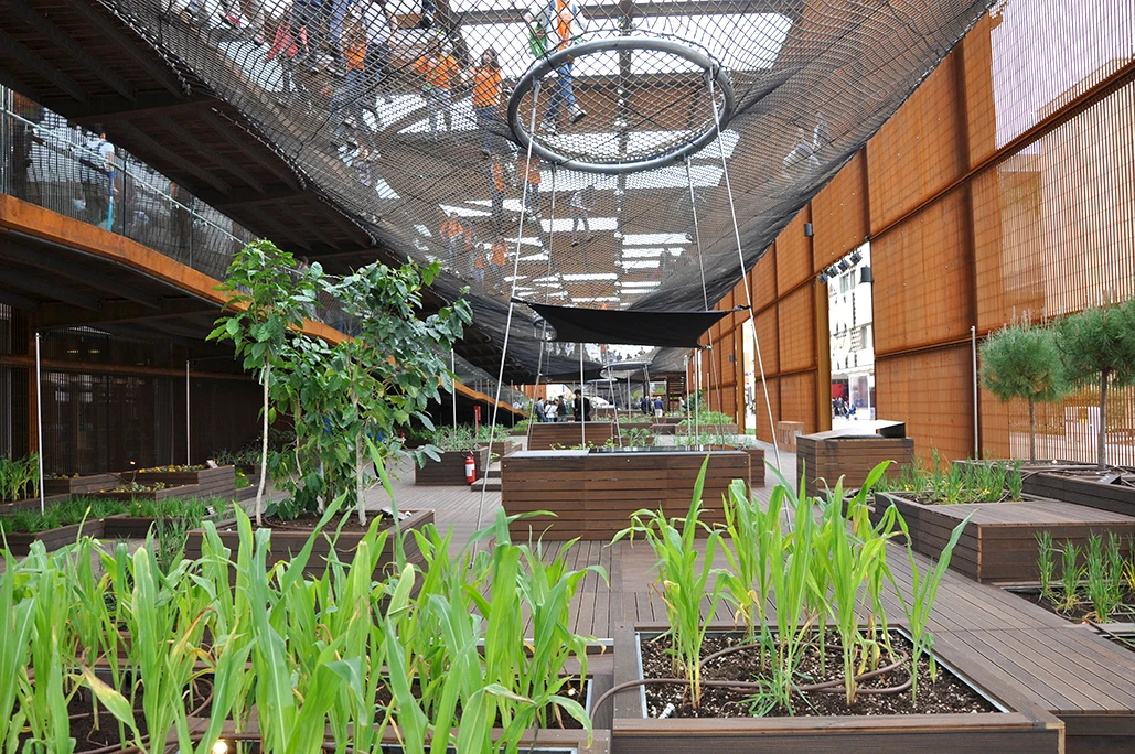 The suspended nets give visitors a unique vantage point above the "Green Gallery" below