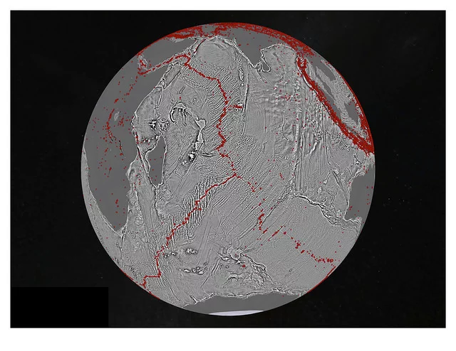 A gravity gradient model of the Indian Ocean with red dots showing locations of earthquakes with magnitude above 5.5 and highlighting the present-day location of the seafloor spreading ridges and transform faults (Image: David Sandwell, Scripps Institution of Oceanography, UC San Diego)