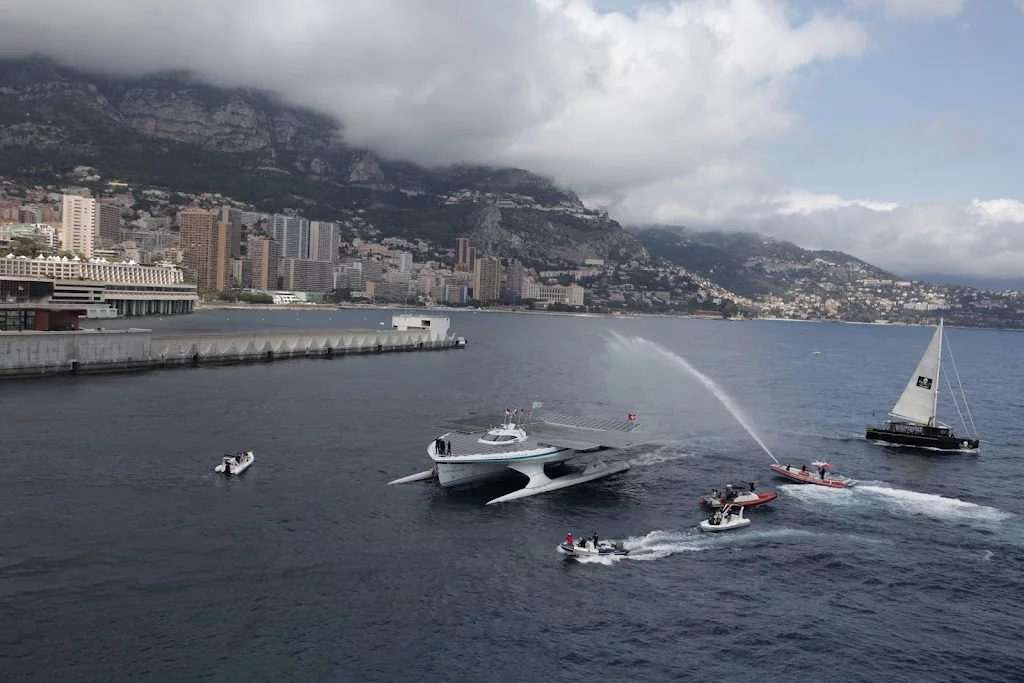The TURANOR PlanetSolar, as it enters Monaco's Hercule Harbor