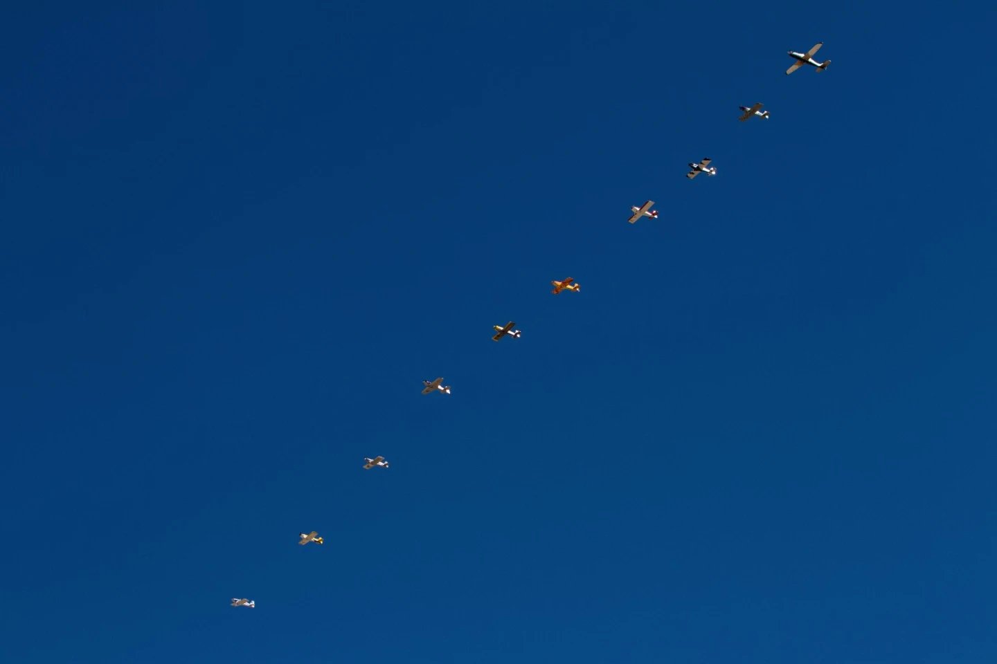 Classes that don't start gridded up on the runway line up in the air. The jet on the right is the pace plane, and the race starts when it pulls back and flies up