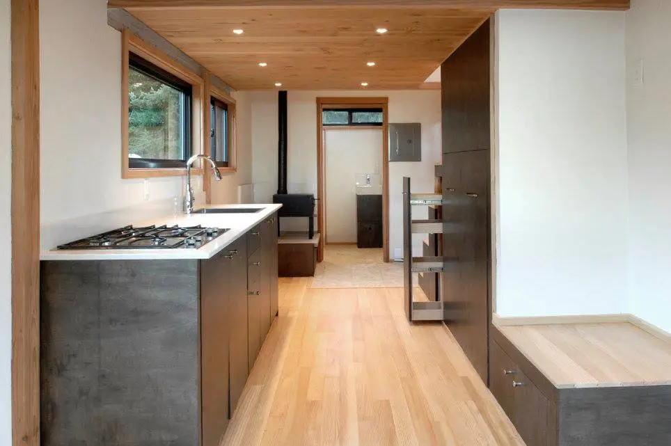 The tiny home features energy-efficient LED lighting