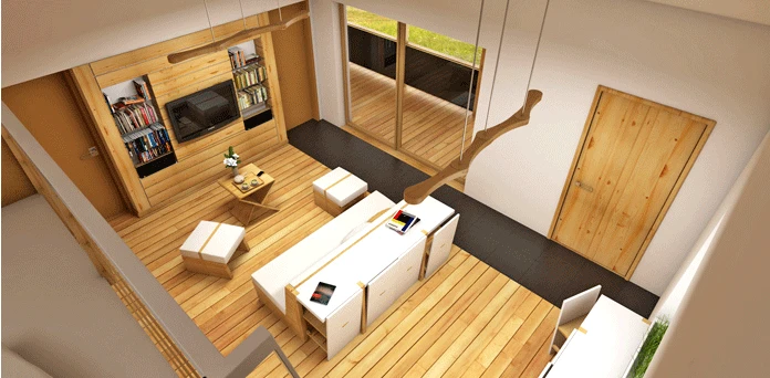 The Prispa prototype uses wood as its primary material, while clay has been used to finish the interior walls