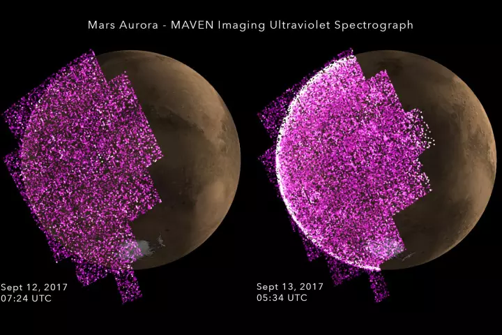 Ultraviolet data collected by NASA’s MAVEN spacecraft was used to construct these images showing ultraviolet emissions before (left) and during (right) the storm