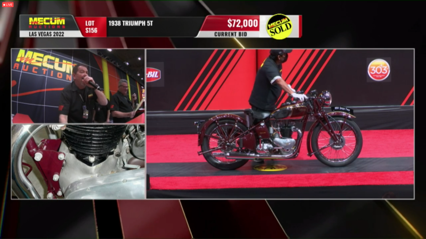 This 1938 Triumph 5T Speed Twin sold for $79,200 (including 10% buyer's commission) as Lot S156 at Mecum Auctions' Las Vegas sale on Saturday, 29 January 2022, with another 1938 Triumph Speed Twin fetching $44,000.