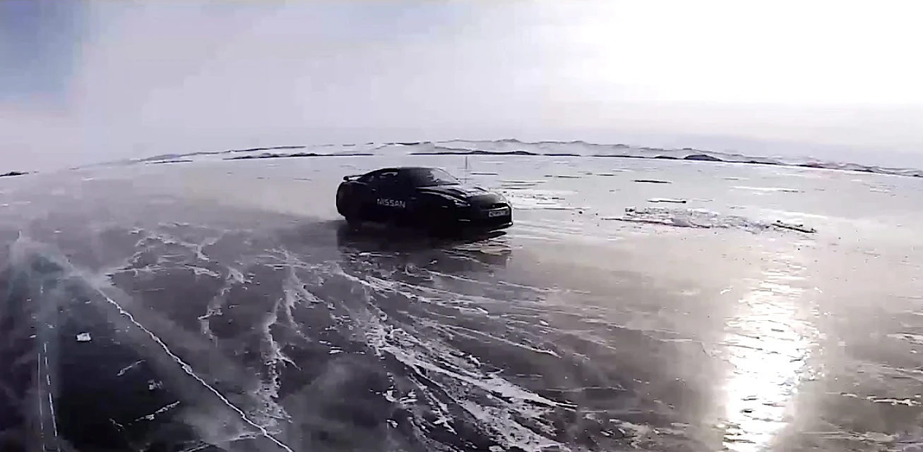 The GT-R hit 183 mph (294.8 km/h), bulleting across the frosty surface of the world's deepest lake