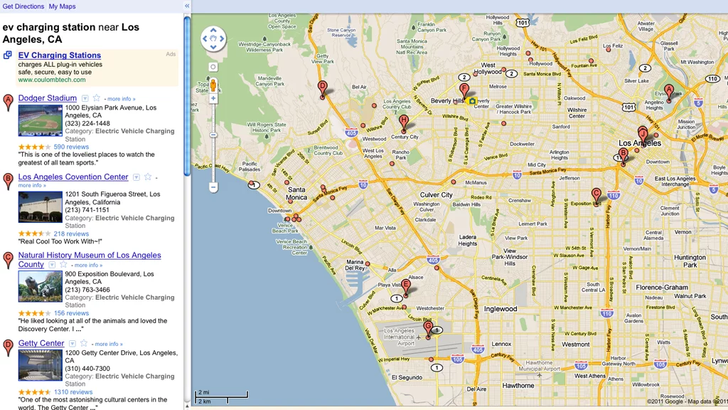 EV charging station locations near Los Angeles CA.