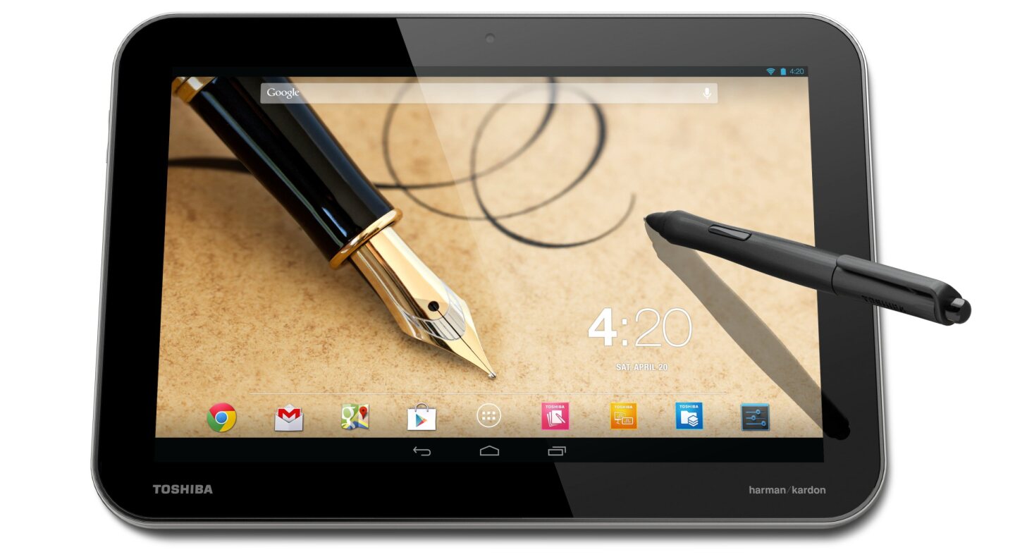 Toshiba says that, with help from 1,024 pressure points, the stylus/pen brings a pen and paper experience to tablet computing