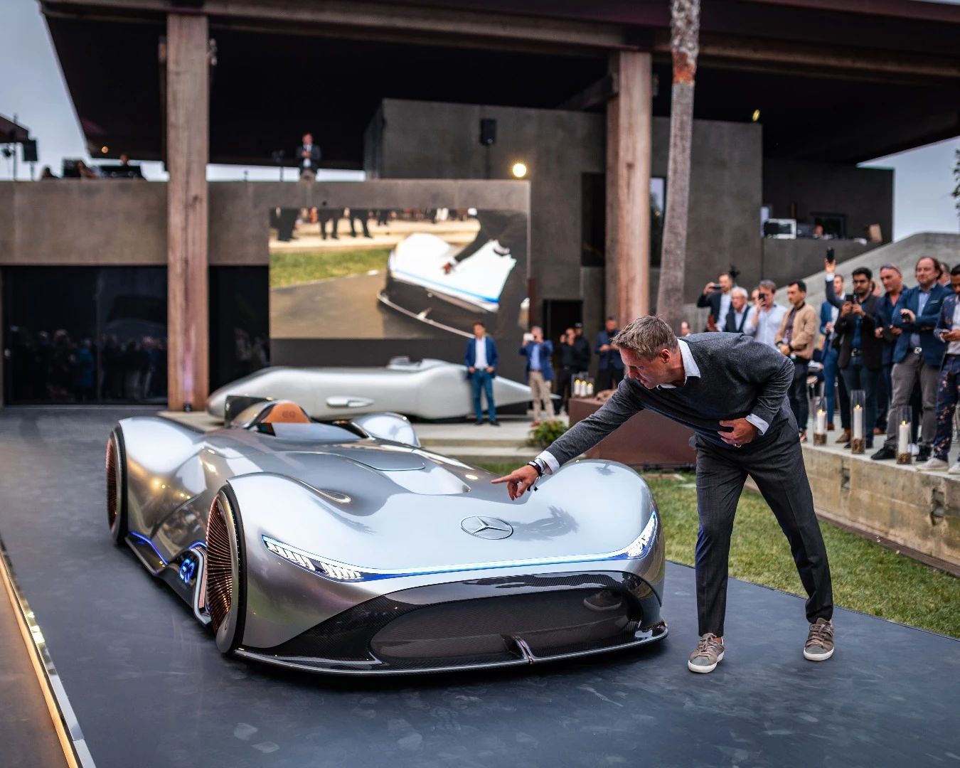 Gorden Wagener, Chief Design Officer at Daimler AG, shows off the Vision EQ Silver Arrow concept at Monterey Car Week