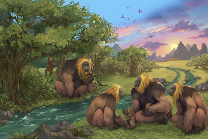 An artist impression of a group of G. blacki within a forest in southern China