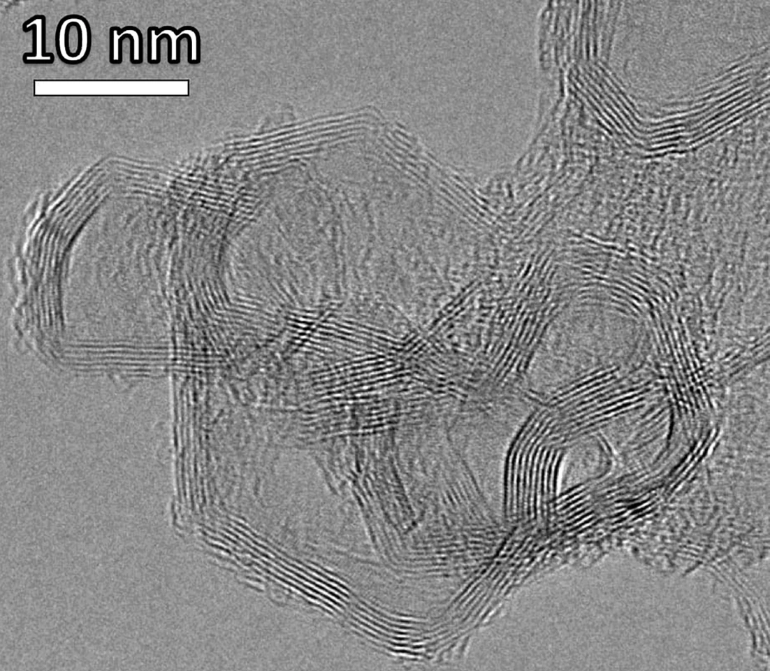 Transmission electron microscope (TEM) image of nano-scale flash graphene sheets formed from waste plastic