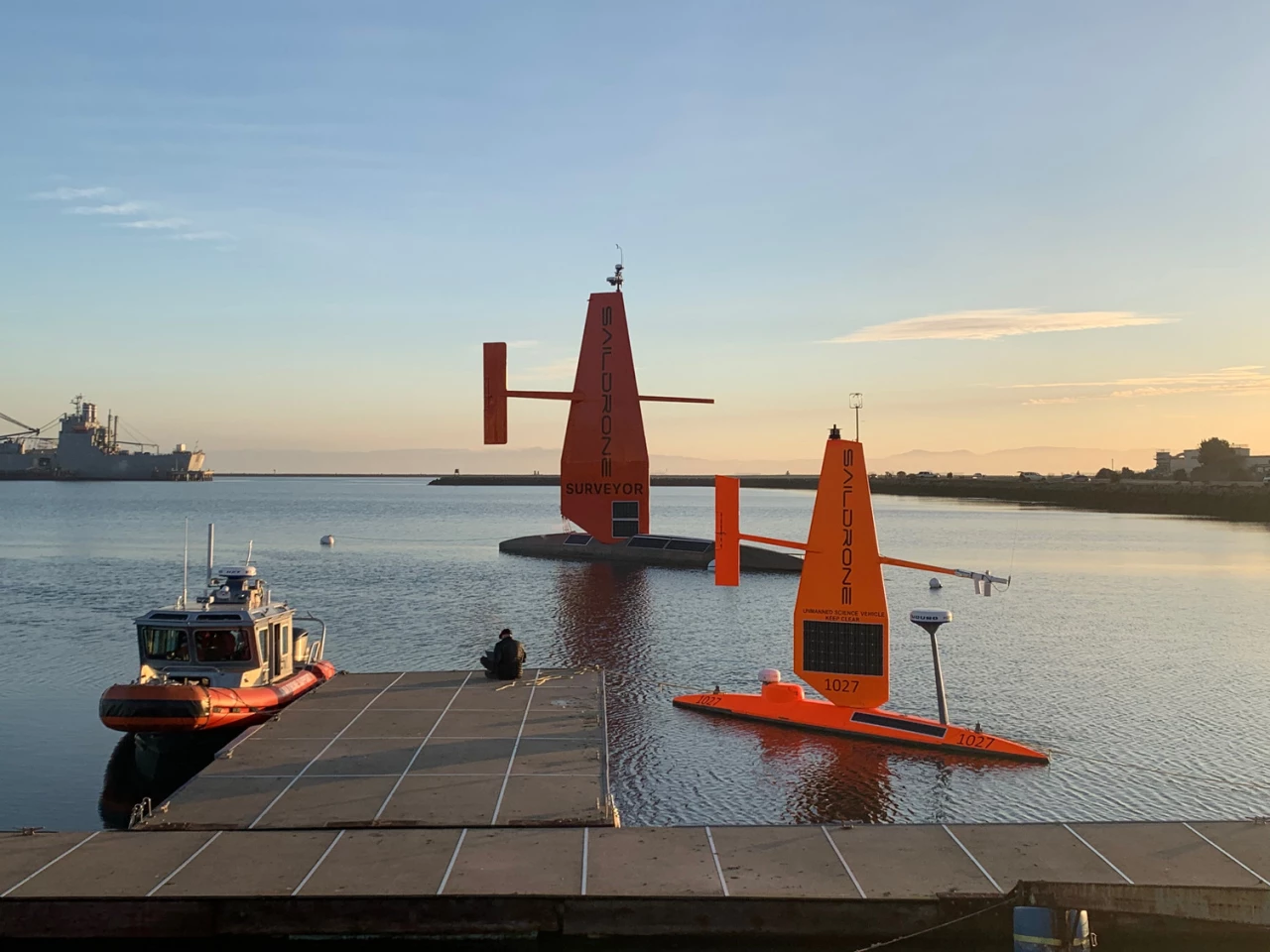 The newly introduced 72-ft (22-m) Saildrone Surveyor and its 23-ft (7-m) stablemate