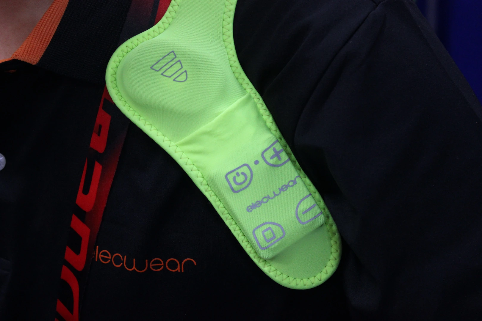 Buttons on one of the Elecwear vest's speakers allow users to do things like skipping tracks or adjusting volume, without having to access their phone