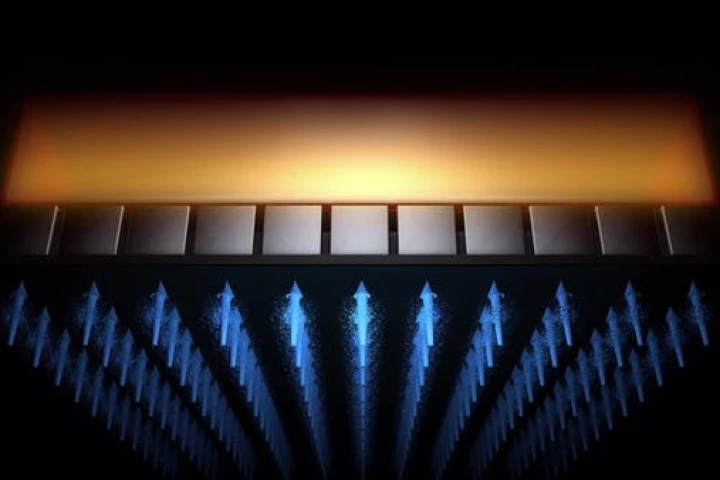 An artist's impression of the crystal dielectric resonator (top) which helps focus the microwave energy into a magnetic field that can control the spin of qubits in a silicon chip (represented by blue arrows)