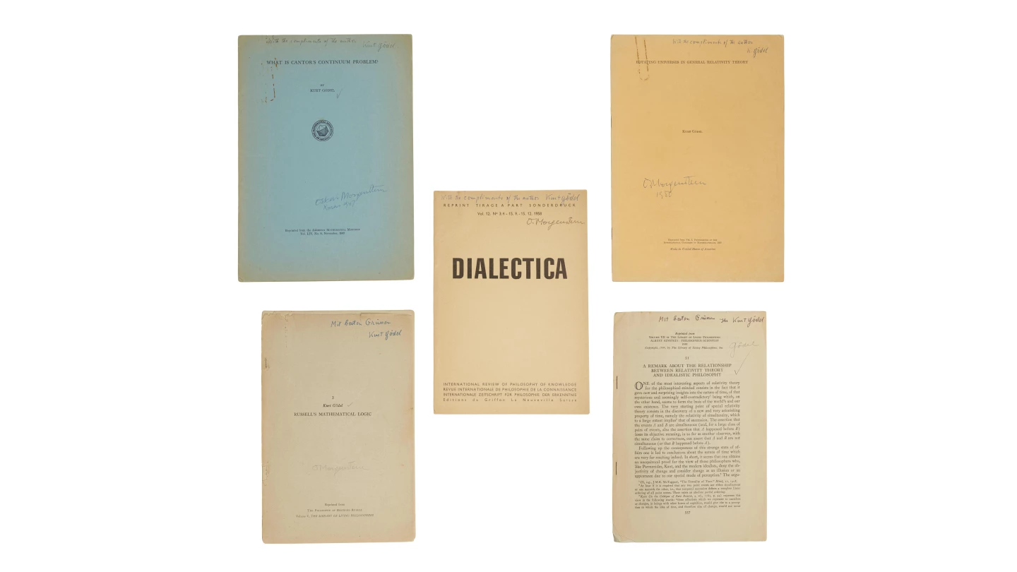 This group of five scientific offprints, each signed and inscribed by Kurt Gödel and Oskar Morgenstern, sold for $125,075 at Bonhams on November 5, 2020