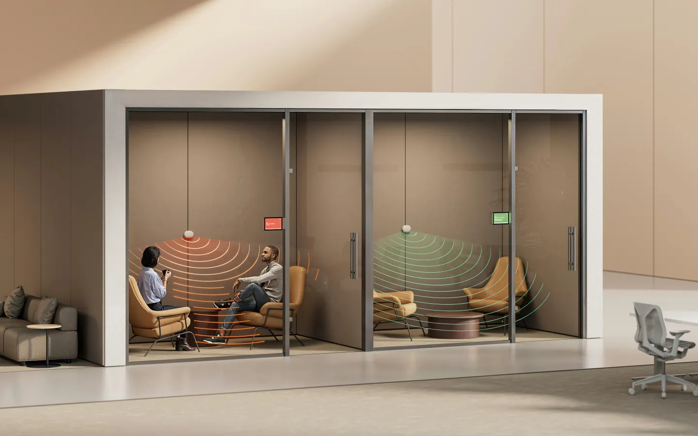 Mounted inside office meeting pods, Logitech Spot uses mmWave radar to monitor room presence and occupancy status in real time