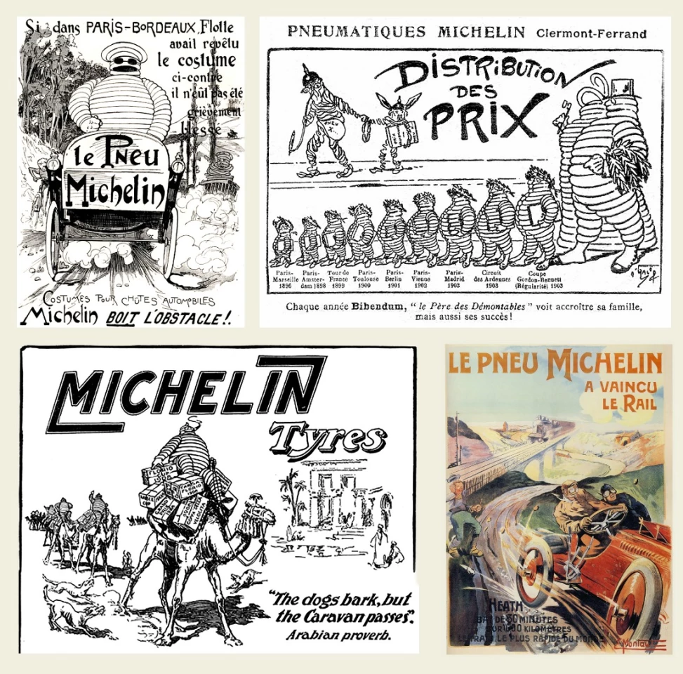 Bottom Right: Le Pneu Michelin, Car Tyres Advert, Artist: Ernest Montaut, 1905