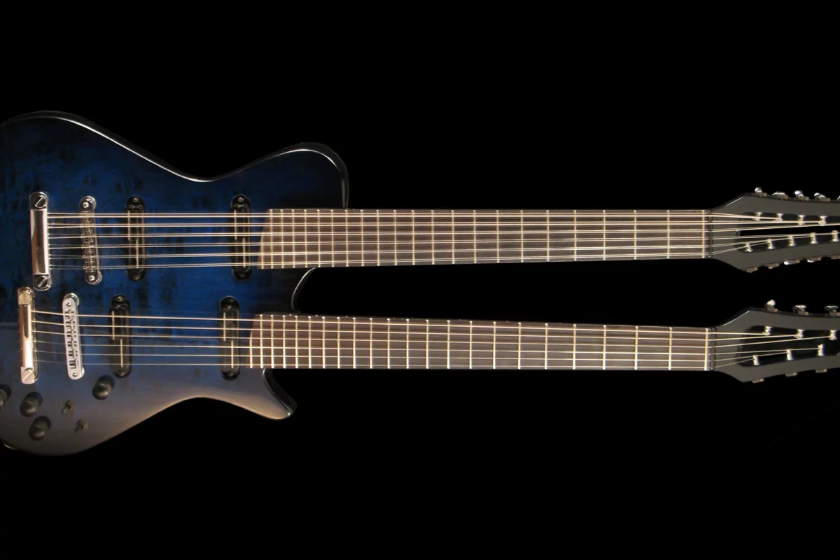 The Doubleneck guitar from Veillette Guitars benefits from unique new neck geometry which allows the twin necks to be positioned closer to each other, and is said to weigh in lighter than some single neck models