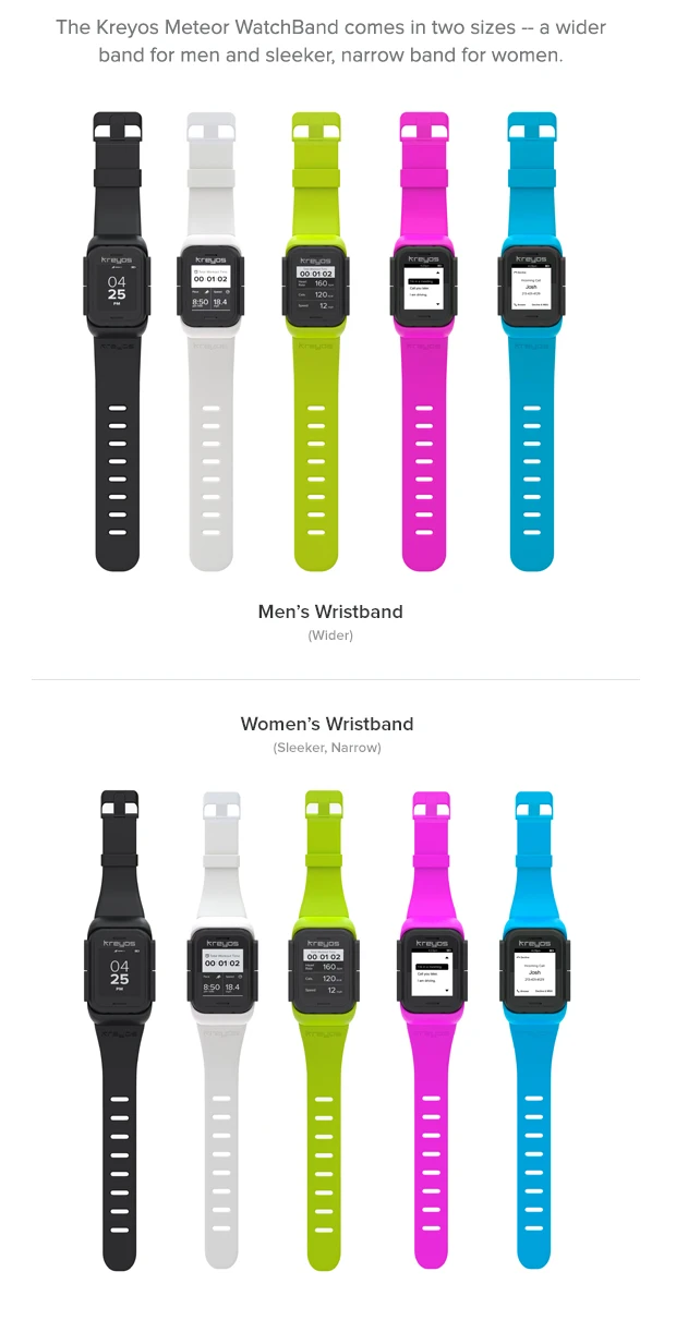 The Kreyos Meteor smartwatch can be worn on the wrist with a strap, which come in different styles for men and women